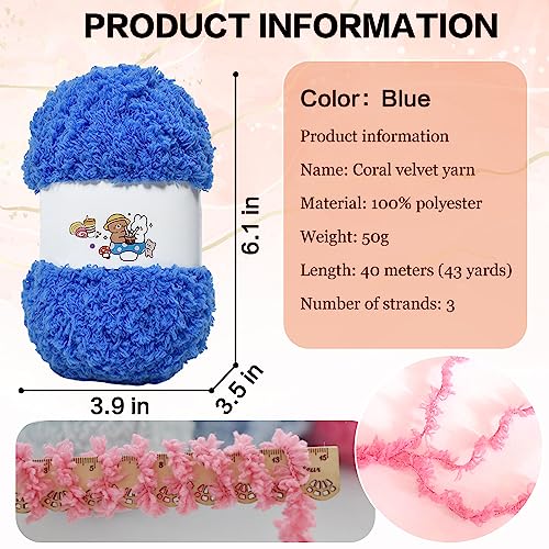 6 PCS Soft Coral Velvet Chenille Yarn for Crocheting,Fluffy Yarn for Knitting and Crochet DIY Craft,Warm Crochet for Bag Hat Scarve Gloves Slippers Dolls(Blue) - color: blue