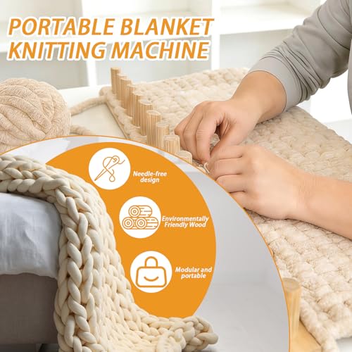 Yitexin 35.4" Chunky Blanket Loom Kit, Adjustable Size Wooden Yarn Hand Knitting Loom, Foldable Chunky Blanket Peg Board with Assembly Accessory for Beginner Yarn Craft Home Decor (Beige)