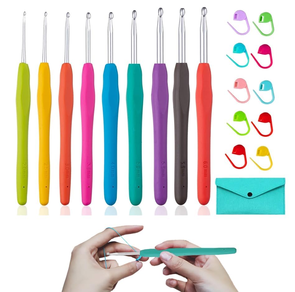 Yarniss 9 Sizes Ergonomic Crochet Hooks with Case 2.0mm~6.0mm for Beginner | Comfortable Crochet Hooks Set with Soft Grip - size: 9 Size(2.0~6.0mm)