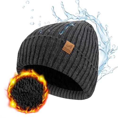 ACUSHLA Waterproof Windproof Winter Hat for Men Women Fleece-Lined Beanie - color: Dark Grey