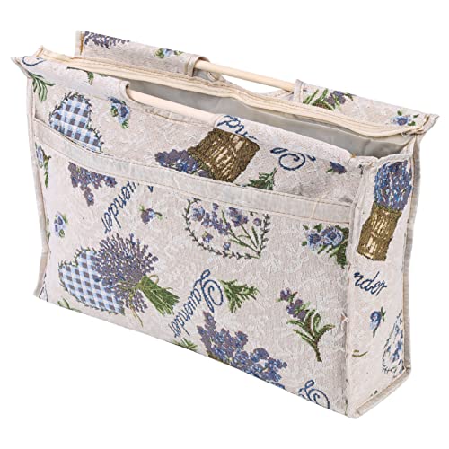 Knitting Tote Bag, Exquisite Practical Yarn Bag Woven Fabric Storage Bag wtih Wood Handle for Knitting Needles Sewing Tools - color: Purple Flower