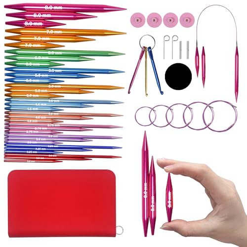 Lewhoo 11 Pairs Circular Knitting Needles Set with 5 Cables 3.0~8.0mm | 3 Length Interchangeable Aluminum Circle Needles with Case Multicolored - color: multicolored