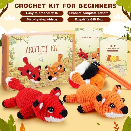 Crochet Kit for Beginners - 2 PCS Fox Crochet Kits with Step-by-Step Video Tutorials, Beginner Crochet Kit for Adults, Crochet Animal Kit, Crochet Fox Set - color: Orange Red Fox Set