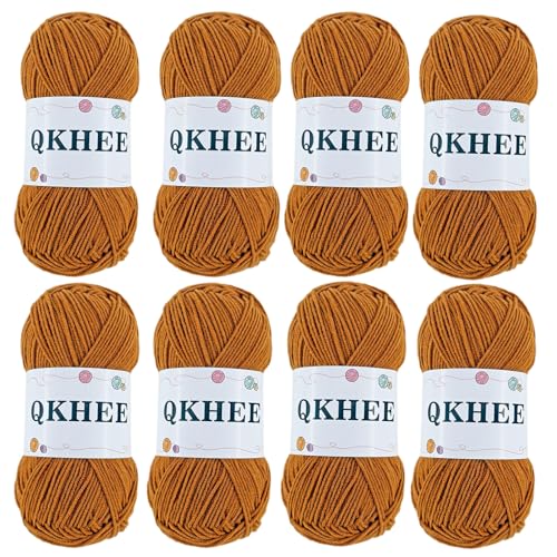 QKHEEYarn for Crocheting and Knitting 8 * 1.76 Oz (50G) /195yd,Fine/Fingering Weight (1), 60% Cotton 40% Acrylic Soft Yarn kit for Making Granny Squares and amigurumi (Light Brown) - color: Light Brown