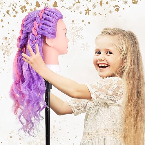 MYSWEETY Mannequin Head with Hair, Doll Head for Hair Styling, 26" Manikin head with 70% Real Human Hair Cosmetology Makeup Hairdressing Training Head with Clamp Holder and Tools - color: Purple & Pink