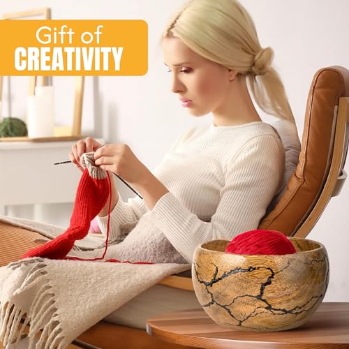 Mangowood Yarn Bowl for Crocheting, Large 7x4 inch Cute Crochet Wooden Yarn Holder & Knitting Gadgets Supplies, Gifts for crocheters Handmade Bowl with Fractal Burning & Black Resin Inlay (M-Black) - color: M-Black