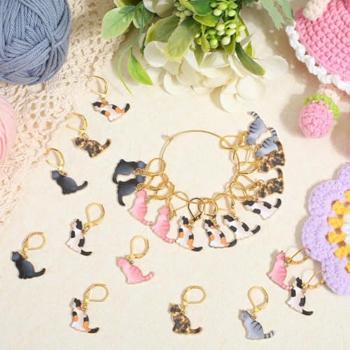 SUNNYCLUE 1 Box 24pcs Crochet Stitch Markers Cat Crochet Marker Charms Alloy Enamel Cute Funny Animal Gold Locking Clips Clasps Charm for Crocheting Knitting Weaving Jewelry Making DIY Accessories - style: Cat 2