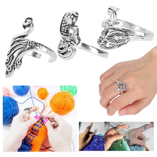 Anu Limen 3 Pcs Adjustable Knitting Loop Rings, Metal Yarn Guide for Crochet and Knitting, Silver Open Thimble Holders, 2.1 cm