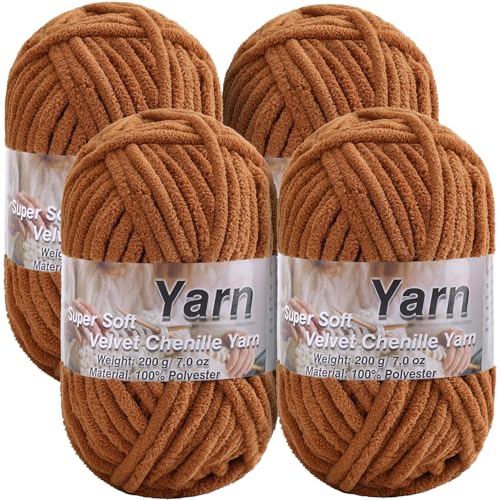 Super Bulky Baby Blanket Yarn for Crocheting - 4 Skeins(Weight Per Roll 200g/7oz, 75m/82yd), Chunky Chenille Thick Plush Big Soft Yarn for Crocheting Knitting Blankets (4, Coffee) - color: Coffee