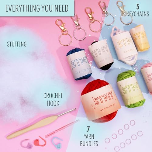 STMT D.I.Y. Crochet Bag Charms, Creates 7+ Keychains, Crochet Kit for Beginners with Yarn, Starter Hooks, Step-by-Step Tutorials, DIY Craft, Great Teen Gifts - color: Crochet