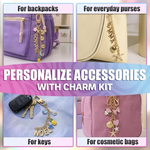AZZORI Lip Gloss Keychain Making Kit, 284 Pcs, Plier & Ring Opener | Bag Charm Making Kit: 66 Cherry, Heart, Star, Pearl Bow, Fruit Charms, 26 A-Z Letters, Lobster Clasps; Gift-Ready in Zip Bags - color: Keychain Kit - 283 Pcs