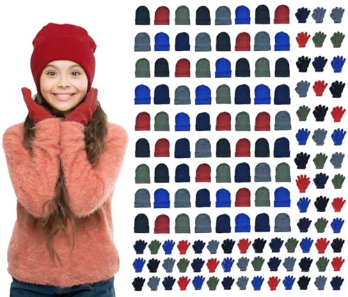 Yacht & Smith Wholesale Beanie and Glove Winter Bulk Kit, Kids Adults Bulk Sets, Homeless Donation Shelters - color: 144 Packs Beanies Glove Set