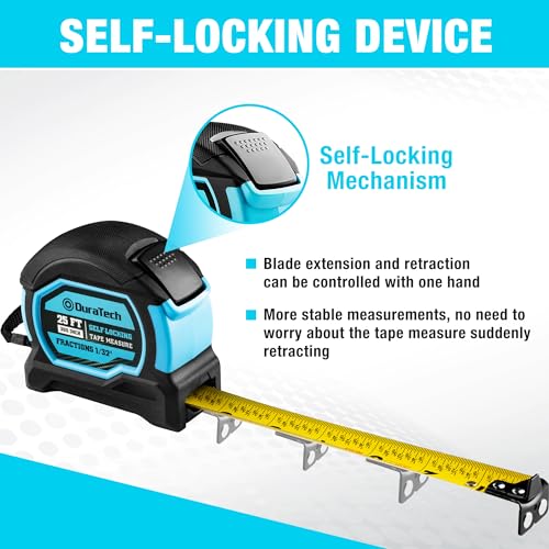 DURATECH 25FT Auto-Lock Magnetic Tape Measure, Easy Read, Double Sided | Measuring Tape with Fractions 1/8″, Measurement Tape with Minimum Scale 1/32″, Magnetic Hook, and Rubber Protective Casing