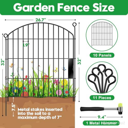 Decorative Garden Fence with gate 32in (H) x22ft (L),Arched Metal No Dig | Small Fence for Dogs & Rabbit,Ornamental Animal Barrier for Flower Beds,Border Panels Fencing for Yard & Patio Outdoor Decor - size: 10 Panels-32in(H) x 22ft(L) with Gate