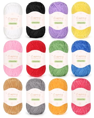 Coopay Skinny Chenille Yarn, Lightweight Soft Yarn for Crochet & Knitting | 12 Colors Crochet Yarn Set - 600g Total, Velvet Yarn for Colorful Crafts, Blankets, Plush Dolls, Decorative Handmade Works - color: 12 Color Tones, size: #2 Thin