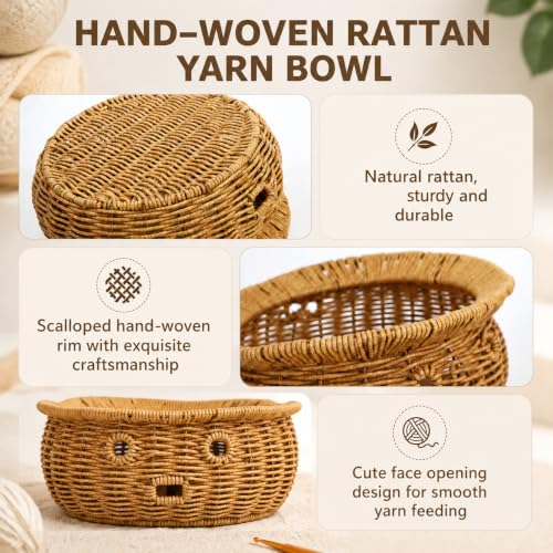 Prygew Rattan Yarn Bowl, 8 Yarn Balls Set Included | Handmade Large Crochet Bowl, Knitting Wool Ball Holder for Crochet Accessories, Gadgets Supplies, 9.4"D x 4.3"H