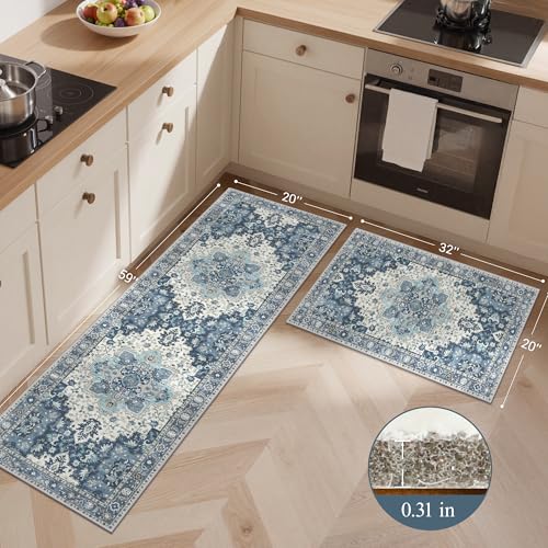 GENIMO Kitchen Rugs Set of 2, Washable Non Slip Cushioned Mats for Floor | 20"x32"&20"x59", Slate Blue vintage boho rug, soft faux cashmere, low pile, easy-clean for laundry, entryway, sink, farmhouse - color: Slate Blue, size: 20"x32"+20"x59"