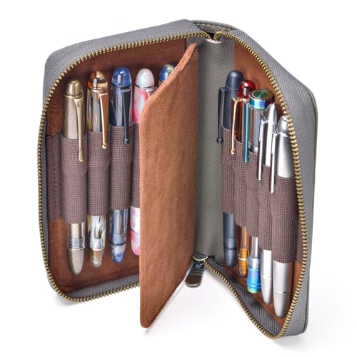 Fountain Pen Leather Pen Case 10 Divided Slots, Rollerball Pen Holder Handmade Display Organizer Zippered Pouch - color: Gray