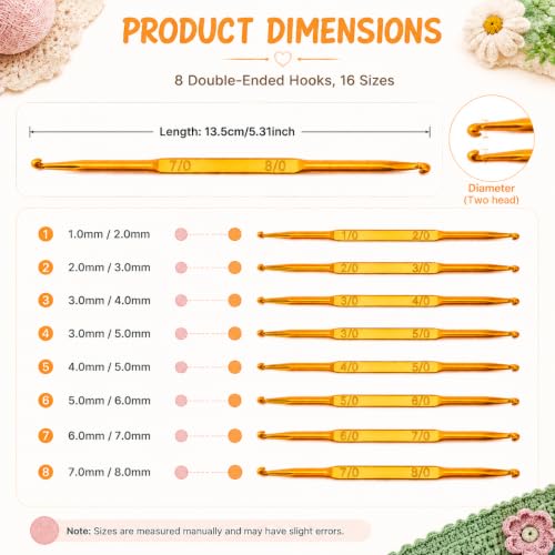 Aluminum Double End Crochet Hook Set, 8 Sizes 1.0-8.0mm Ergonomic Knitting Needles Kit with Soft Grip Handle, Smooth Glide Weave Craft Crochet Hooks for Beginners and Experienced Crocheters