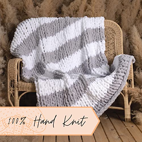 Chunky Knit Blanket Throw | 100% Hand Knit with Jumbo Chenille Yarn (50"x60", Gray and White Stripes) - color: Gray and White Stripes, size: 50"x60"