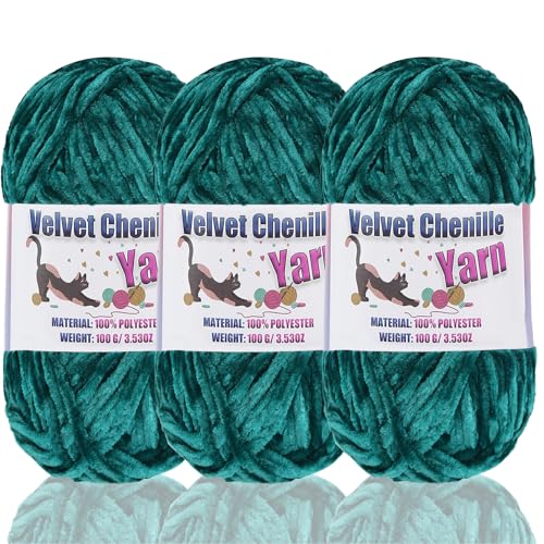 3 * 100g Fluffy Velvet Chenille Yarn for Crocheting and Knitting, Handcrafts Weaving Soft Chenille Yarn for Crocheting Clearance, Used for Making Baby Yarn Blanket, Clothes (3 - Dark Green) - color: 3 - Dark Green