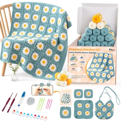 Fitsu Crochet Kit for Beginners, Daisy Granny Square Blanket Crochet Starter Kit with Yarn, Hooks, Step-by-Step Book & Video Tutorials, Easy Learn-to-Crochet Gift Set for Adults and Beginners