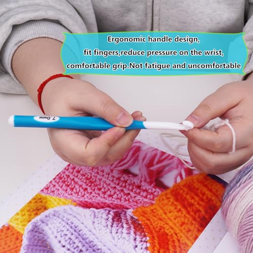 Hobekoee 7mm Crochet Hook,Extra Long Crochet Hooks with Soft Ergonomic Handle for Arthritic Hands,Multicolor Crochet Needles for Beginners and Experiencer - size: 7mm