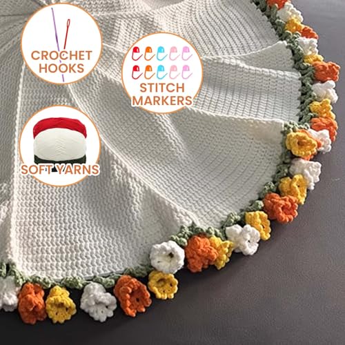 THMINS Beginner Crochet Kit – DIY Floral Blanket with Hook, Pattern & Step-by-Step Video Tutorial, Easy Craft Gift for Women, Christmas/Birthday (LightYellow)