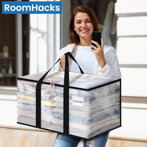 RoomHacks Moving Bags, Heavy Duty Large Storage Bags, 100L, 4 Pack, Clear | Water-Resistant Packing Bags with Reinforced Handles & Dual Zippers, Foldable Storage Totes for Dorm Move & Home Organization - size: 100L- 4Packs