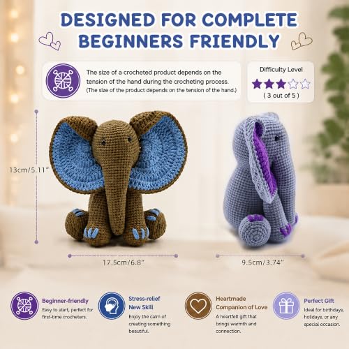JYZJDKE Crochet Kit for Beginners Adults - DIY Amigurumi Elephant Knitting Starter Kit with Yarn Sets, Crochet Animal Kit Cute Stuffed Animal Craft Birthday Gifts (Grey Purple+Coffee Blue Elephant) - color: Grey/Purple+Coffee/Blue Elephant