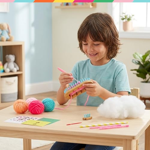 Bright Stripes Nimble Knitter Adjustable Loom Craft Kit for Kids, Ages 8+ | Comes with yarn, stickers and stuffing, makes knit characters and plush pals, a wonderful gift idea suited to teens today - color: Multicolor, style: Nimble Knitter