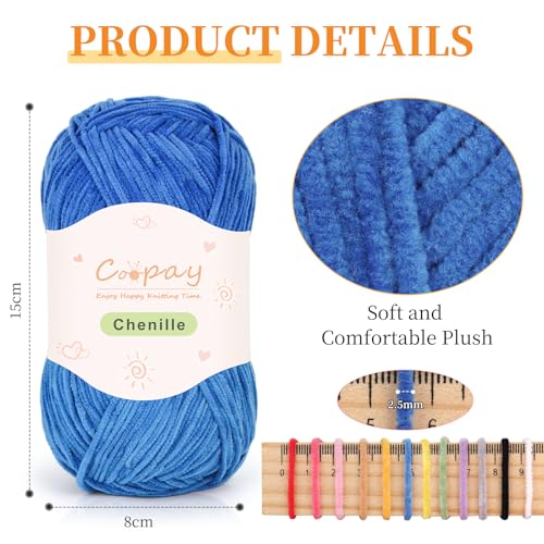 Coopay Skinny Chenille Yarn, Soft Yarn for Crochet & Knitting, Blue | Crochet Yarn Set - 600g Total, Soft Velvet Yarn for Colorful Crafts, Blankets, Plush Dolls, Decorative Handmade Works - color: Pure Blue, size: #2 Thin