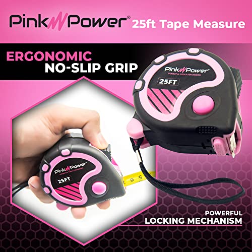 Pink Power 25ft Pink Tape Measure for Women's Tool Kit | Measuring Tape With Retractable Blade and Lock Button, Girls Measuring Kit, Lightweight Measurement, Pink 25 ft. - color: Pink, size: 25 ft