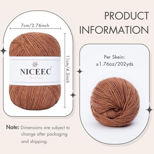 NICEEC 3 Skeins Soft Merino Wool Yarn- Caramel | Soft & Warm, Finger Weight, Woolen Yarn for Crochet & Knitting, Total 5.3oz/606yds - color: Caramel