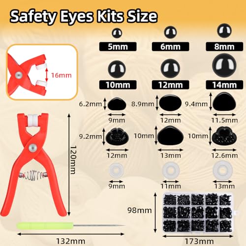 567Pcs Safety Eyes and Noses for Crocheting,1Pack Safety Eye Tool ，5 Size Safety Eyes & 6 Type Safety Noses with 300Pcs Washers,Safety Eye Set for Amigurumi,Stuffed Animals Safety Eyes - color: 567pcs set