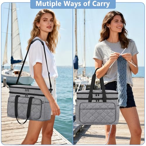 Crochet Organizer Bag with Yarn Holder, Large Yarn Storage for Accessories | 3PCS Crochet Knitting Bag with Accessory Pouch for Hooks, Needles, Travel Tote, Crochet Lovers, Gift for Crafters, No-Tangle - color: Gray