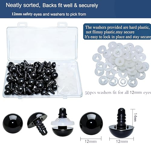 Thalinfayi 12mm Solid-Black Safety Eyes Craft Eyes for Amigurumi Crocheting | 100pcs Plastic Crochet Eyes and Washers for DIY Stuffed Plush Animals & Handmade Crafts ,Gloosy Smooth Surface, Even Color - size: 12mm