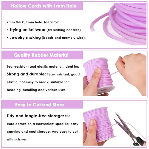 Knitting Barber Cords 54 Yards 2mm Light Purple Rubber Tube with 1mm Hole | Stitch Keeping Cords for Knitting Projects Hollow Pipe Rubber Tube Cord for Jewelry Making Bead Creations - color: Light Purple