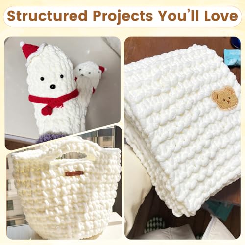 Super Bulky Chenille Yarn for Crocheting – 4 Pack of 100g/3.5oz, CYC #6 Super Bulky Weight Rope-Like Chunky Yarn, Fuzzy Matte Thick for Crocheting Blankets, Bags & Rugs (Cream White) - color: Cream White