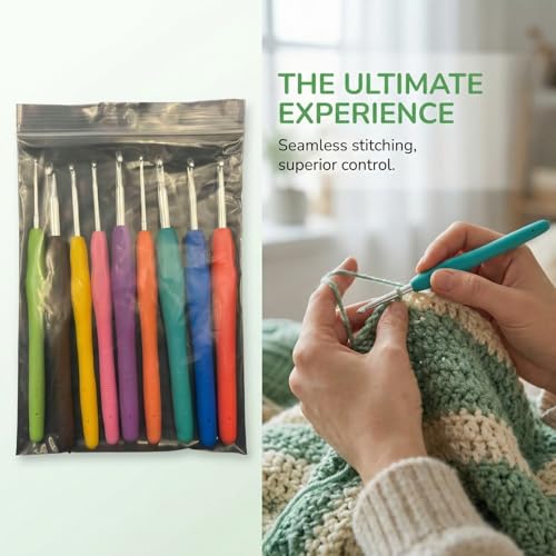9 Pcs Ergonomic Crochet Hook Set, Soft Comfort Grip Handles, Smooth Knitting Needles for Beginner & Experienced Crocheters, Easy DIY Craft Tools