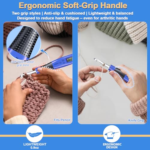22 Size Crochet Hook Set with Light & Digital Counter, Ergonomic for Arthritic Hands, 2.0–14.0 mm Interchangeable Hooks, Rechargeable and Beginner-Friendly - size: 22 Crochet Hook