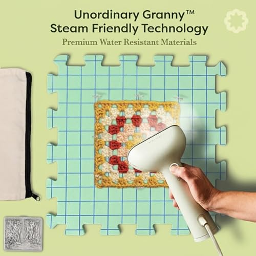 Unordinary Granny® Crochet Blocking Set-9Pc Extra Thick 12x12 Interlocking EVA Foam Mats with Grid, 150 T-Pins, Felt Storage Bag and Cotton Pouch, Sage Green - color: Sage Green