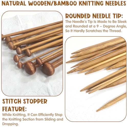7 Pairs Bamboo Knitting Needles Set, Single Point Straight Wood Smooth Long Wooden Knitting Needles for Blankets, Scarves, Hats – Gift for Knitting Enthusiasts/Beginners - color: 25cm single needle