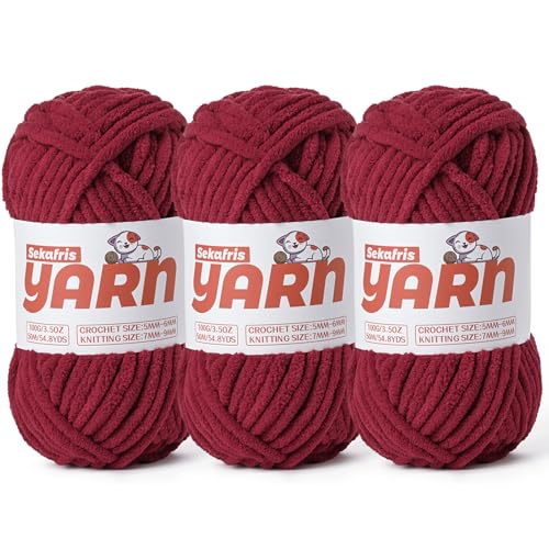 Soft Chunky Chenille Yarn for Crocheting-(300g/10.58oz) Bulky Knitting Crochet Yarn for Blankets-(150m/164yds) Fluffy Velvet Baby Yarn for Amigurumi&Crafts.(3 Burgundy) - color: 3 Burgundy