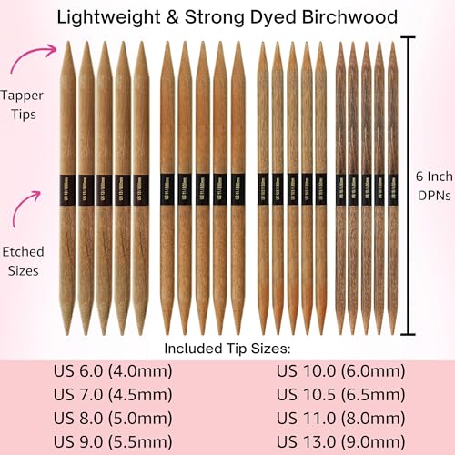 Lykke Umber Large 6-inch DPN Knitting Needles Set | Large US 6, 7, 8, 9, 10, 10.5, 11, 13 Umber Case, Birchwood Semi-Sharp Tips, Project Bag - color: Umber-with-Umber-Case