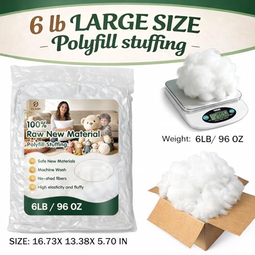 6 lb Polyfill Stuffing for Stuffed Animals, Pillows and Couch Cushions | Fluffy all-new PP cotton fiberfill for crochet crafts, cloud decor, plush toys, pillows and couch cushion refills. - color: 6lb PP Cotton Stuffing Clean White
