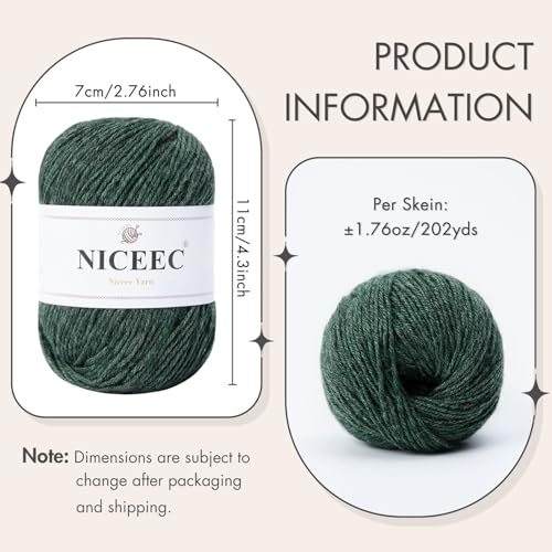 NICEEC 3 Skeins Soft Merino Wool Yarn- Green | Soft & Warm, Finger Weight, Woolen Yarn for Crochet & Knitting, Total 5.3oz/606yds - color: Green