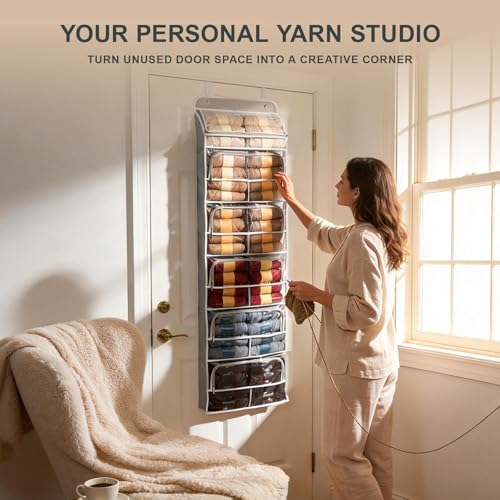 Hanging Yarn Storage Organizer 6 Zipper Closure Compartments, Knitter-Designed Over-the-Door Yarn Storage with Clear Window, Fully Enclosed, Breathable Fabric
