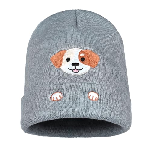 Personality Animal Head Embroidery Knit Beanie Hat for Adult and Big Kids Winter Warm Skull Cuffed Hats - color: Dog-grey