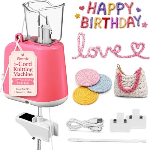 iplusmile Automatic i-Cord Knitting Machine, Electric Yarn Cord Maker Tool for Knitted Wire Art, Tricotin Crochet French Knitter with Fixator Clamp & USB Cable (Pink) - color: Pink